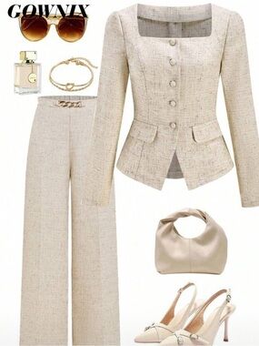 Women’s Beige Textured 2-Piece Blazer & Wide Leg Pants Set | Elegant